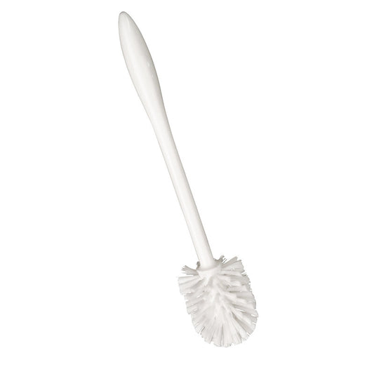 Die Haug Bürsten KG WC-RUNDBÜRSTE,GROß,PP, ø 75MM,WEIß verfügt über einen langen Stiel und einen runden Borstenkopf aus weißem Kunststoff, ideal für die effektive Badreinigung.