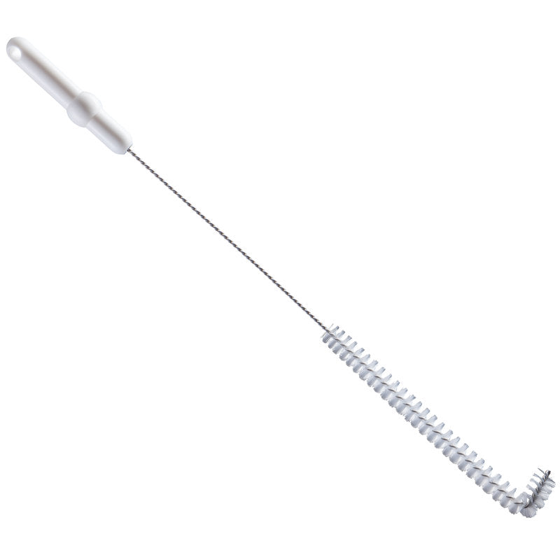 Die Haug Bürsten KG ROHRBÜRSTE L-FORM PBT TRANSP. (ø0,35MM mittel, 570xø20x55MM) hat einen langen Griff und steife, am Ende gebogene Borsten, perfekt für die präzise Reinigung von Flaschen oder schmalen Behältern und andere Rohrreinigungsaufgaben.