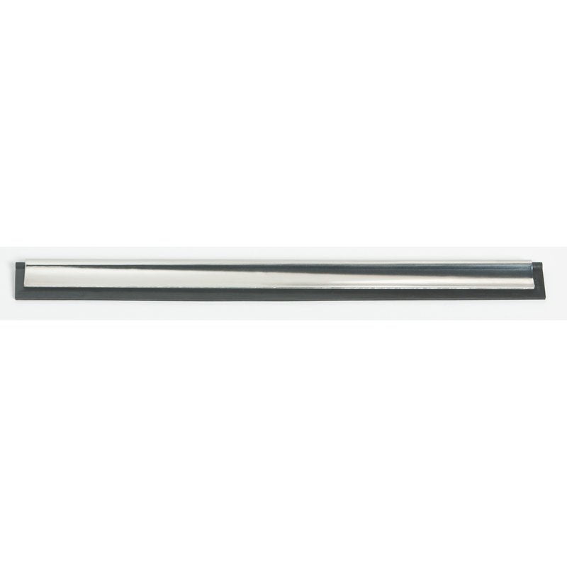 Η Haug Bürsten KG ΣΙΔΗΡΟΔΡΟΜΟΣ ΚΑΘΑΡΙΣΜΟΥ ΠΑΡΑΘΥΡΩΝ, 250MM, ΑΝΟΞΕΙΔΩΤΟ ΑΤΣΑΛΙ, ΚΑΟΥΤΣΟΥΚ, ΓΙΑ #8500 έχει ένα σώμα από ανοξείδωτο ατσάλι με μαύρη άκρη από καουτσούκ και βρίσκεται οριζόντια σε λευκό φόντο - ιδανικό για καθαρισμό χωρίς ραβδώσεις.