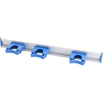 Η Haug Bürsten KG ALU-GERÄTELEISTE (510x55mm) διαθέτει τρεις ομοιόμορφα κατανεμημένες μπλε θήκες από πλαστικό, ιδανικές για την οργάνωση εργαλείων ή καθαριστικών στον τοίχο.