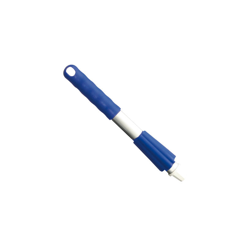 Μια κοντινή λήψη της βούρτσας καθαρισμού Haug Bürsten KG KURZ-ALUSTIEL, 300MM, ΚΑΠΑΚΙ ΚΑΙ ΠΕΡΙΒΛΗΜΑΤΙΚΟ ΠΑΞΙΜΑΔΙ με μπλε λαβή και λευκές τρίχες. Η λαβή είναι εξοπλισμένη με μια τρύπα για κρέμασμα, όλα σε ένα απλό λευκό φόντο.