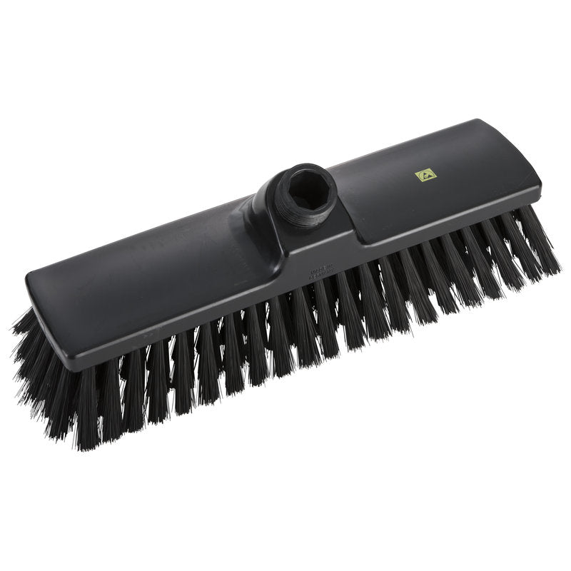 Η ESD BESEN, NYLON 6.0 ΜΑΥΡΟ ø0,30MM ΜΑΛΑΚΟ,300X70X50MM από Haug Bürsten KG είναι μια μαύρη αντιστατική κεφαλή σκούπας με μαλακές νάιλον τρίχες και μια υποδοχή για κοντάρι, ιδανική για τον καθαρισμό ευαίσθητων επιφανειών. Απεικονίζεται μπροστά από ένα λευκό φόντο.