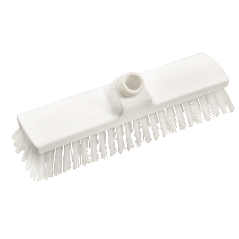 Der BESEN M.WASSERDURCHLAUF PBT TRANSP., ø 0,50MM HART von Haug Bürsten KG ist ein weißer, rechteckiger Bürstenkopf mit harten PBT-Borsten und einer zentralen Bohrung zur Stielbefestigung, abgebildet auf einem schlichten weißen Hintergrund.