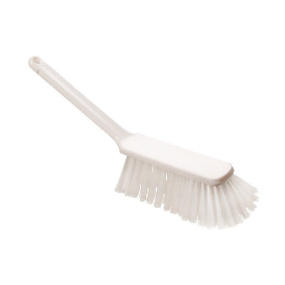 Η HANDBESEN, PBT UNGESCHLITZT, 310X40X50MM από Haug Bürsten KG είναι μια λευκή πλαστική βούρτσα χειρός με μακρύ στέλεχος και άκαμπτες τρίχες PBT, ιδανική για τον καθαρισμό δαπέδων. Εδώ απεικονίζεται μπροστά από ένα απλό λευκό φόντο.