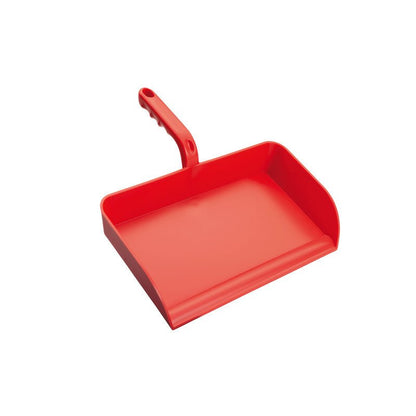 Η ΜΕΓΑΛΗ ΣΚΟΥΠΑΚΙ από Haug Bürsten KG από κόκκινο PP (325x330x100 mm) δεν έχει χείλος, έχει κοντή γωνιακή λαβή και επίπεδο πάτο. Φωτογραφημένη μπροστά από λευκό φόντο.