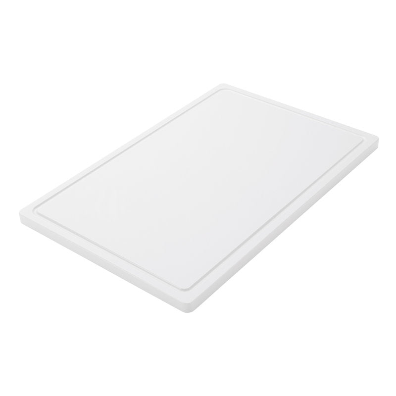 Η Haug Bürsten KG ΚΟΠΙΔΙ ΜΕΓΑΛΟ, PE, ΑΝΤΙΟΛΙΣΘΗΤΙΚΟ, 600X400X20MM είναι μια μεγάλη, ορθογώνια, λευκή σανίδα κοπής με αντιολισθητική επιφάνεια και υπερυψωμένο χείλος, που απεικονίζεται λοξά σε λευκό φόντο - ιδανική για καθημερινή χρήση στην κουζίνα.