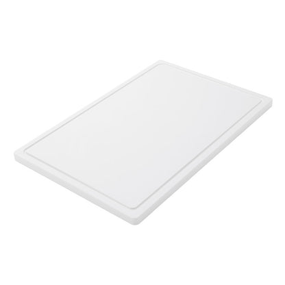 Η Haug Bürsten KG ΚΟΠΙΔΙ ΜΕΓΑΛΟ, PE, ΑΝΤΙΟΛΙΣΘΗΤΙΚΟ, 600X400X20MM είναι μια μεγάλη, ορθογώνια, λευκή σανίδα κοπής με αντιολισθητική επιφάνεια και υπερυψωμένο χείλος, που απεικονίζεται λοξά σε λευκό φόντο - ιδανική για καθημερινή χρήση στην κουζίνα.