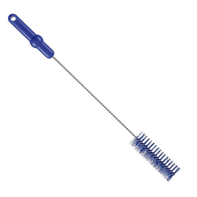 Η Haug Bürsten Η βούρτσα σωλήνων KG, διαμέτρου 0,50 mm, μεσαίου τύπου, διαστάσεων 500 × ø40 mm, διαθέτει σκληρές μπλε τρίχες και ένα μακρύ σπειροειδές στέλεχος με μπλε λαβή και οπή ανάρτησης — ιδανική ως βούρτσα καθαρισμού σωλήνων ή για τον καθαρισμό στενών φιαλών και δοχείων.