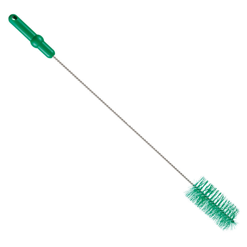Η Haug Bürsten KG ROHRBÜRSTE, ø 0,50MM MITTEL 700Xø 60MM διαθέτει πράσινη πλαστική λαβή, στριμμένο μεταλλικό στέλεχος και πυκνές πράσινες τρίχες για τον καθαρισμό σωλήνων, που απεικονίζονται σε λευκό φόντο.