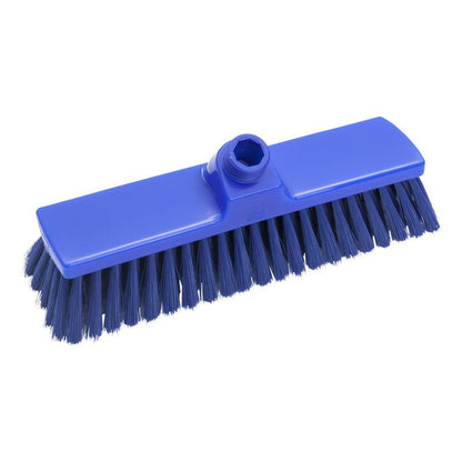 Η Haug Bürsten KG ΣΚΟΥΠΑ, ΣΧΙΣΜΕΝΗ ø 0,25MM ΜΑΛΑΚΗ (300x70x50mm) είναι μια μπλε ορθογώνια κεφαλή σκούπας με μαλακές τρίχες και υποδοχή για λαβή, ιδανική για ευαίσθητες επιφάνειες. Απεικονίζεται σε λευκό φόντο.