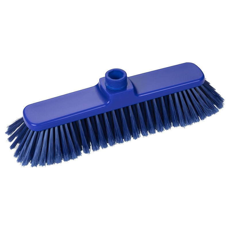 Η ΣΚΟΥΠΑ, ΜΑΛΑΚΗ 280X50X55MM από την Haug Bürsten KG είναι μια μπλε κεφαλή βούρτσας από πλαστικό με πυκνές τρίχες και βάση με σπείρωμα, ιδανική για τον καθαρισμό του σπιτιού και τον απαλό καθαρισμό ευαίσθητων επιφανειών, απεικονισμένη σε λευκό φόντο.