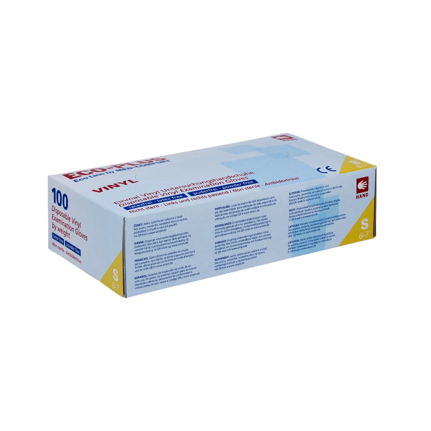 Ένα κουτί με 100 μη πούδρας γάντια μιας χρήσης από βινύλιο από την AMPri Handelsgesellschaft mbH. Το κυρίως λευκό κουτί περιέχει μπλε και κόκκινο κείμενο με πληροφορίες προϊόντος, μέγεθος S (6-7) και ένα πορτοκαλί σύμβολο χεριού. Απεικονίζεται σε ένα απλό λευκό φόντο.