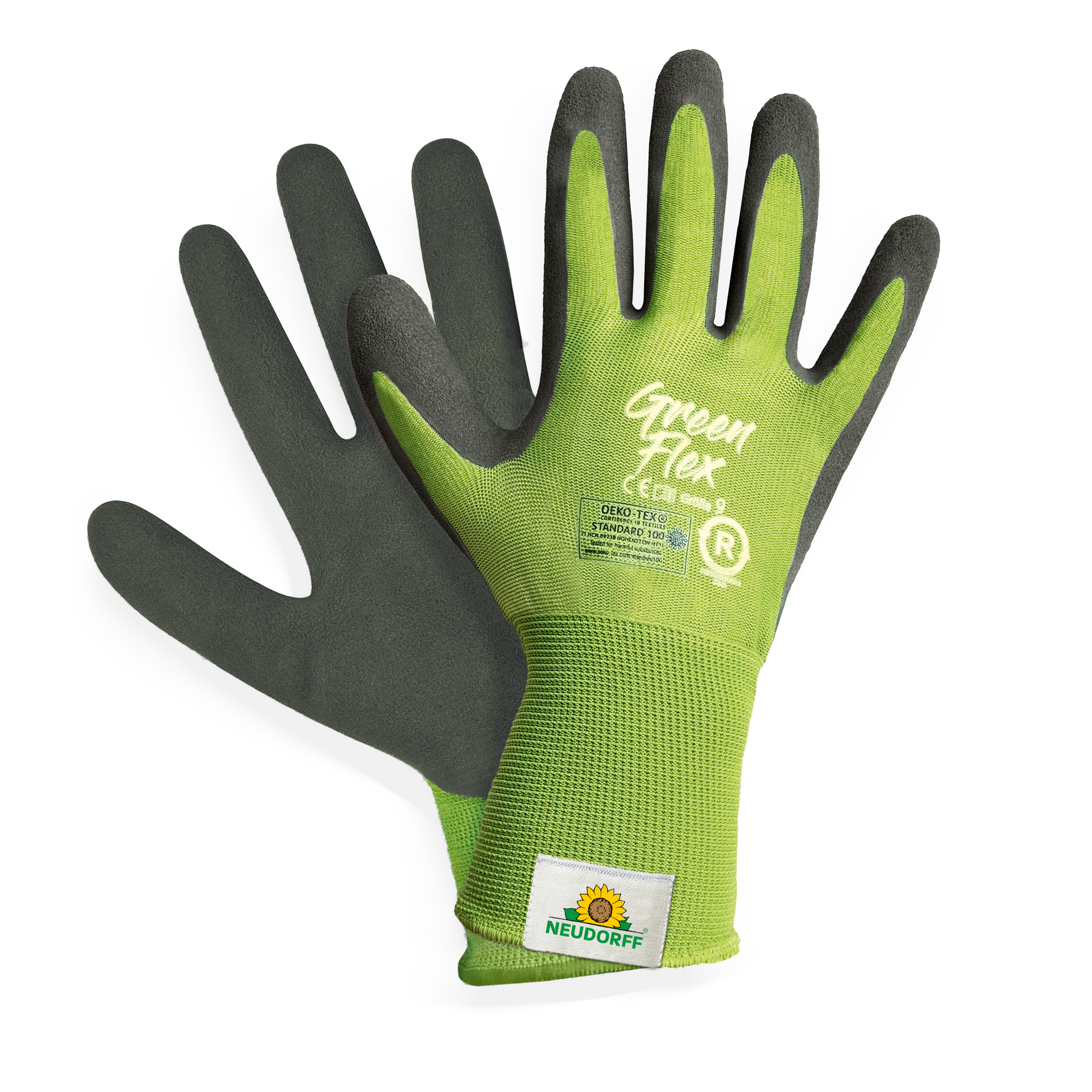 Ein Paar nachhaltige KIXX Handschuh Green Flex von Neudorff Shop in grün und schwarz, mit einem Sonnen- und Pflanzenlogo am Handgelenk, dargestellt auf weißem Hintergrund.