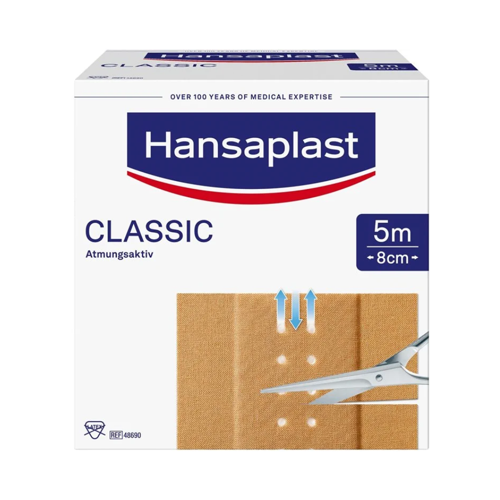 Ένα κουτί Hansaplast Elastic Wundpflaster της Beiersdorf AG, με τις επιγραφές «Πάνω από 100 χρόνια ιατρικής εμπειρογνωμοσύνης» και «αναπνεύσιμο». Το δηλωμένο μέγεθος είναι 8 cm x 5 m.