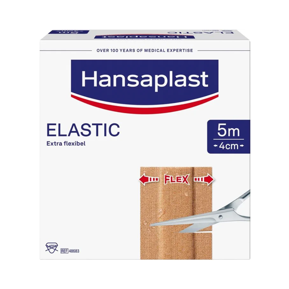 Ένα κουτί Hansaplast Elastic Wundpflaster της Beiersdorf AG σε διάφορα μεγέθη, που αναδεικνύει την ιδιαίτερη ευελιξία του. Στην οθόνη εμφανίζονται το όνομα του προϊόντος, το λογότυπο της μάρκας και μια εικόνα ενός ψαλιδιού που κόβει το επίδεσμο.