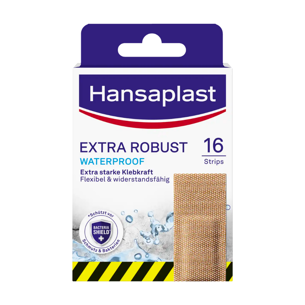 Ένα κουτί Hansaplast Extra Robust Waterproof επιδέσμους της Beiersdorf AG με 16 υφασμάτινους επιδέσμους. Η συσκευασία τονίζει την ισχυρή κολλητική δύναμη, την ευελιξία και την αντοχή των επιδέσμων με τεχνολογία Hi-DRY TEX-Techn