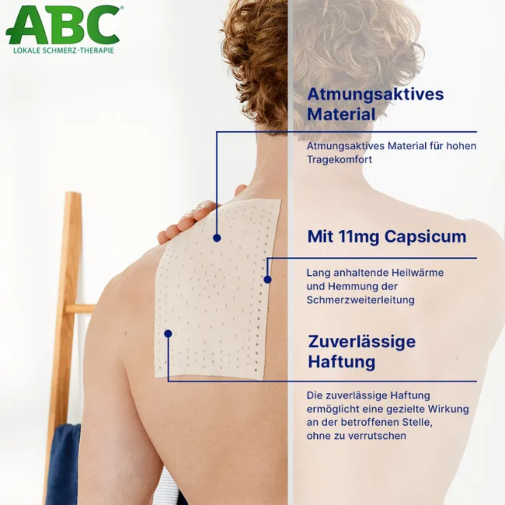 Ένα άτομο με σγουρά μαλλιά απεικονίζεται από πίσω, καθώς εφαρμόζει ένα Hansaplast ABC® Θερμοπλαστική Capsicum στον ώμο του για την ανακούφιση του μυϊκού πόνου. Η εικόνα περιέχει γερμανικό κείμενο που περιγράφει τα χαρακτηριστικά του προϊόντος, όπως αναπνεύσιμο υλικό, περιεκτικότητα σε καψικό 11 mg και αξιόπιστη πρόσφυση. Αυτό το προϊόν είναι από την Beiersdorf AG και παραδίδεται σε συσκευασία των δύο τεμαχίων.