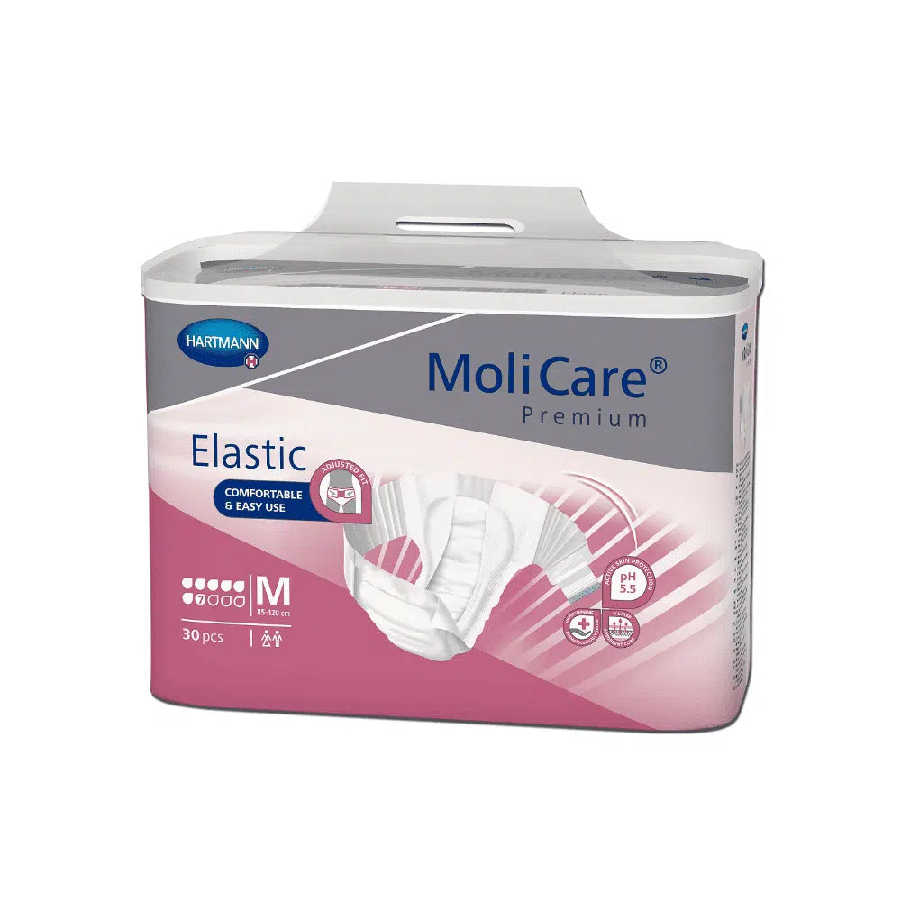 Μια συσκευασία πάνες Hartmann MoliCare® Premium Elastic για ενήλικες μεσαίου μεγέθους, 30 τεμάχια, με άνεση στη χρήση και φιλικές προς το χρήστη λειτουργίες. Η συσκευασία είναι λευκή και ροζ και διαθέτει εικόνα προϊόντος.
