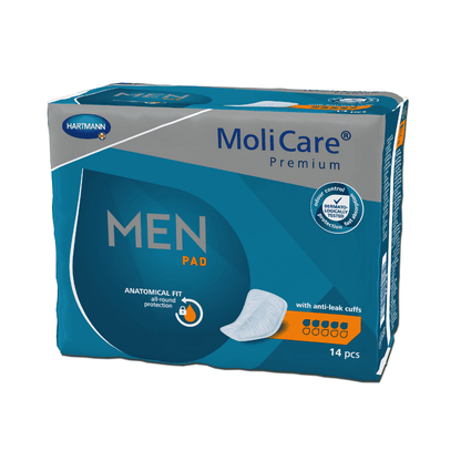 Ένα πακέτο Hartmann MoliCare® Premium MEN PAD Einlage, αποτελούμενο από 14 τεμάχια με ανατομική προστασία εφαρμογής και αντιδιαρροϊκά περιβραχιόνια. Η συσκευασία είναι κυρίως μπλε με κείμενο και λογότυπα σε πορτοκαλί και λευκό. Κατασκευασμένο από την Paul Hartmann AG.