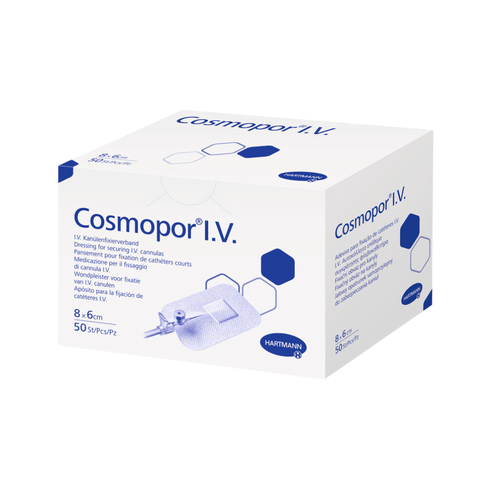 Η Hartmann Cosmopor I.V. KanülenfixPfl. της Paul Hartmann AG έχει ένα σχέδιο με διαστάσεις 6 x 8 cm σε ένα λευκό κουτί με μπλε εξάγωνα και πολυγλωσσικό κείμενο και περιέχει 50 αποστειρωμένους επιδέσμους, που είναι ιδανικοί για χρήση με άνοιγμα IV.