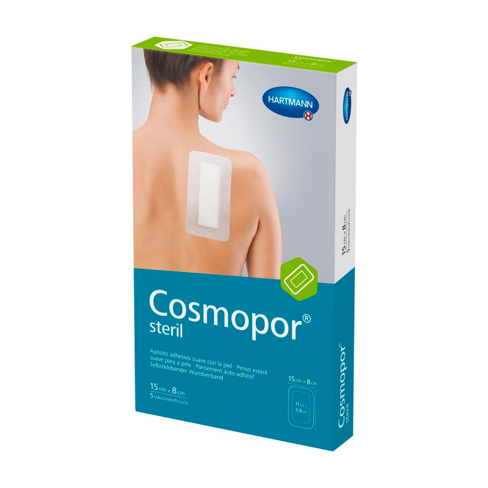 Συσκευασία του Hartmann Cosmopor® Steril Επίδεσμου τραύματος της Paul Hartmann AG - κουτιά με 5 κομμάτια με διαστάσεις 15 x 8 cm, με μια φωτογραφία ενός ατόμου που τοποθετεί τον επίδεσμο τραύματος στην πλάτη του.