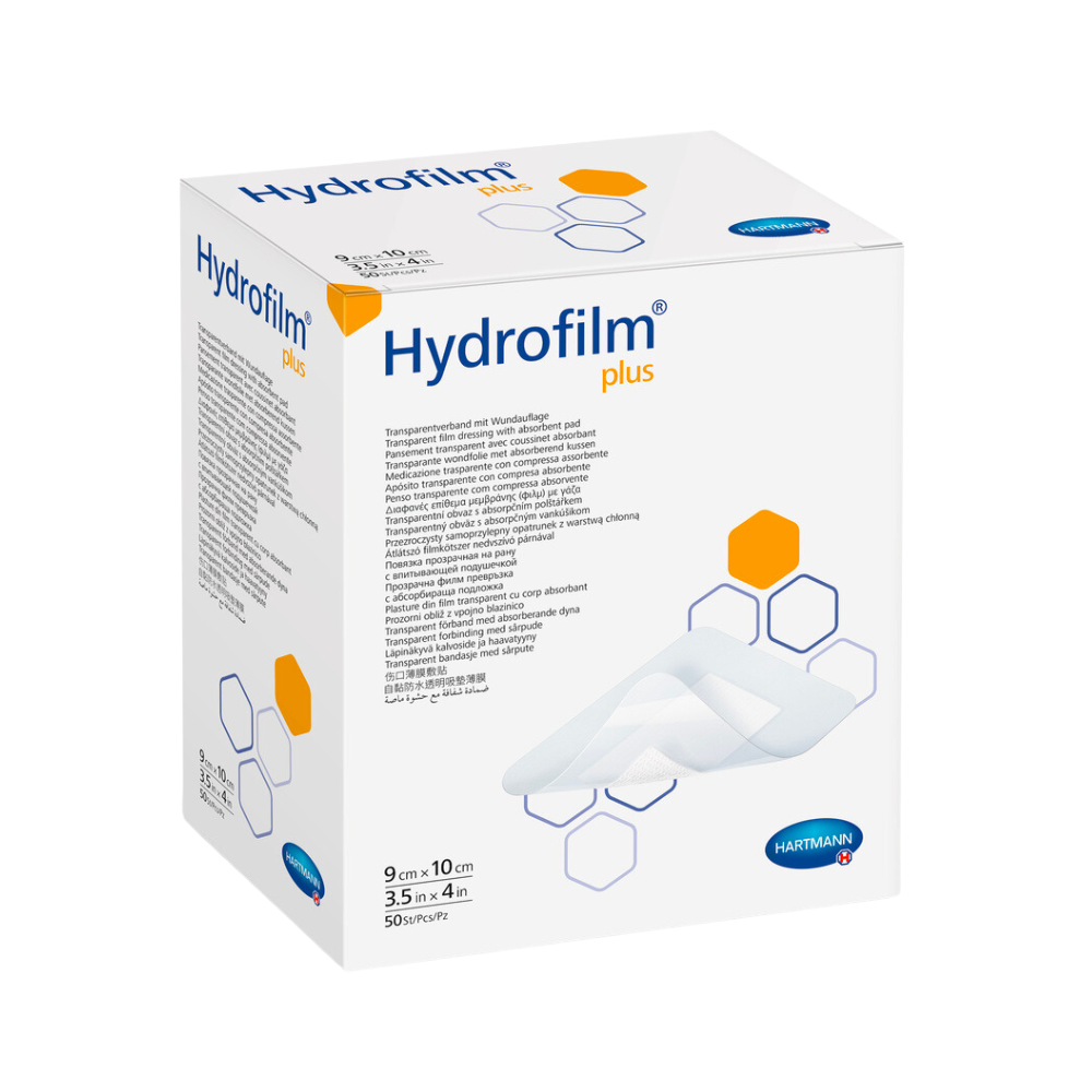 Ένα κουτί με επιδέσμους Hartmann Hydrofilm® Plus Διαφανής Επίδεσμος της Paul Hartmann AG, με κείμενο και λεπτομέρειες προϊόντος, παρουσιάζεται με μια εικόνα των επιδέσμων στο πλάι.