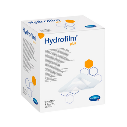 Ένα κουτί με επιδέσμους Hartmann Hydrofilm® Plus Διαφανής Επίδεσμος της Paul Hartmann AG, με κείμενο και λεπτομέρειες προϊόντος, παρουσιάζεται με μια εικόνα των επιδέσμων στο πλάι.
