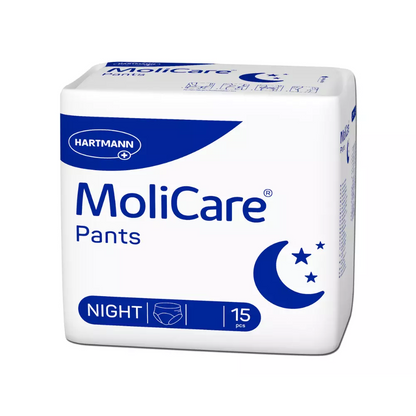 Τα Hartmann MoliCare Pants Night Inkontinenzpants της Paul Hartmann AG διατίθενται σε μια διακριτική λευκή-μπλε συσκευασία με μισοφέγγαρα και αστέρια καθώς και την εντυπωσιακή επιγραφή «Night». Είναι σχεδιασμένα για ακράτεια ούρων, προσφέρουν διακριτική προστασία και περιέχουν 15 τεμάχια ανά συσκευασία.