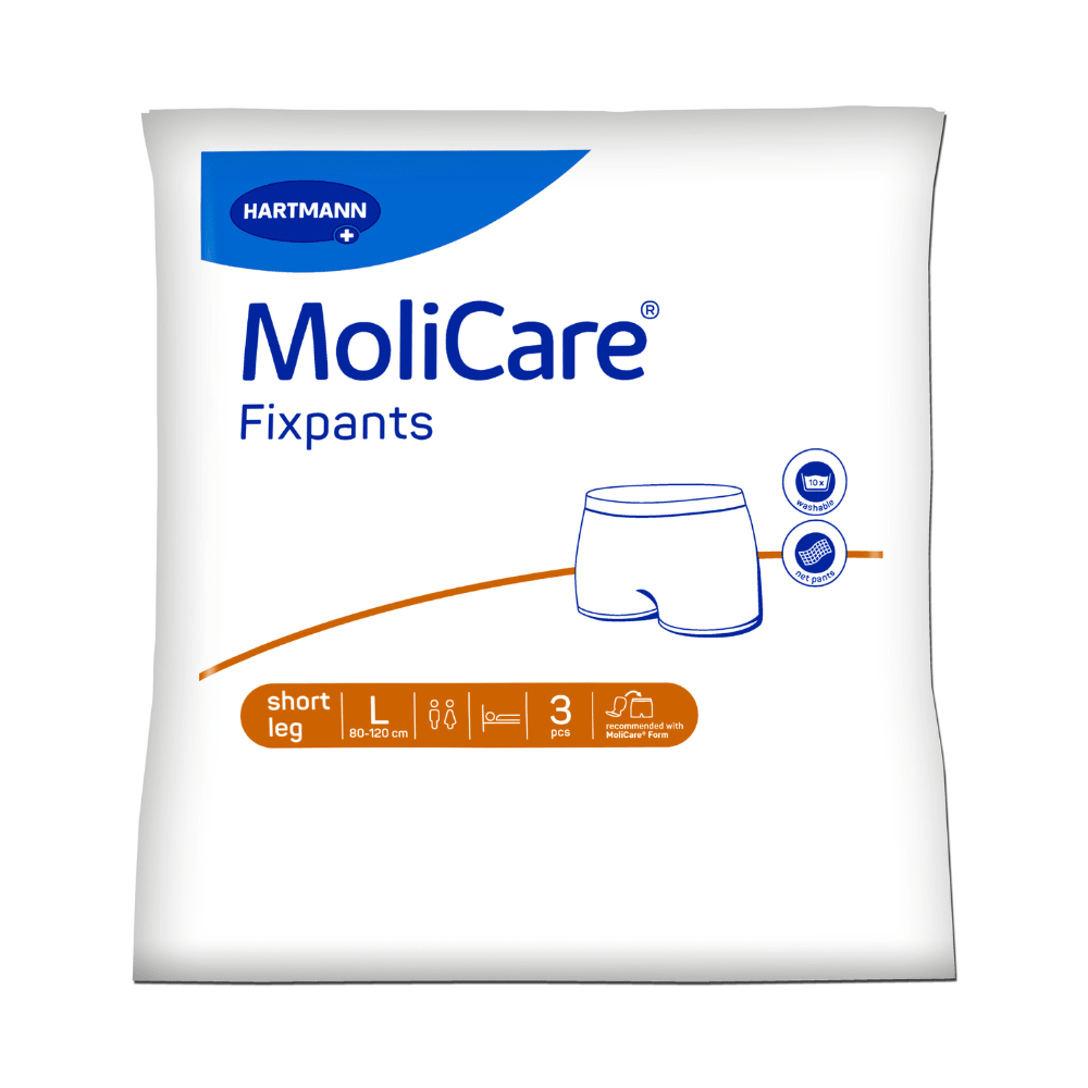 Πρόσοψη του εσώρουχου MoliCare® Fixpants για επιθέματα ακράτειας της Paul Hartmann AG, μέγεθος L (80–120 cm), με κοντό πόδι. Συσκευασία 3 τεμαχίων με σύμβολα εφαρμογής και πλύσης· το εμπορικό σήμα Paul Hartmann είναι ορατό στη συσκευασία.