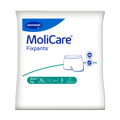 Μια συσκευασία 3 τεμαχίων MoliCare® Fixpants της Paul Hartmann AG, μέγεθος XL (100-160 cm), παραδίδεται σε κυρίως λευκή συσκευασία με μπλε λεπτομέρειες και απεικόνιση των Fixpants, ιδανική για χρήση με επιθέματα ακράτειας.