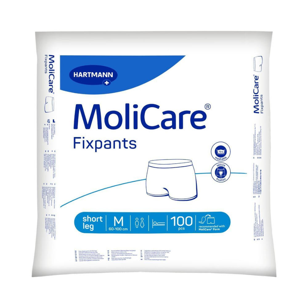 Μια συσκευασία Hartmann MoliCare® Fixpants κοντό διχτυωτό παντελόνι της Paul Hartmann AG περιέχει 100 κομμάτια στο μέγεθος M, ιδανικά για την ασφαλή και άνετη στερέωση επιθεμάτων ακράτειας. Η λευκή συσκευασία είναι διακοσμημένη με μπλε λεπτομέρειες και ευδιάκριτα σύμβολα μεγεθών.