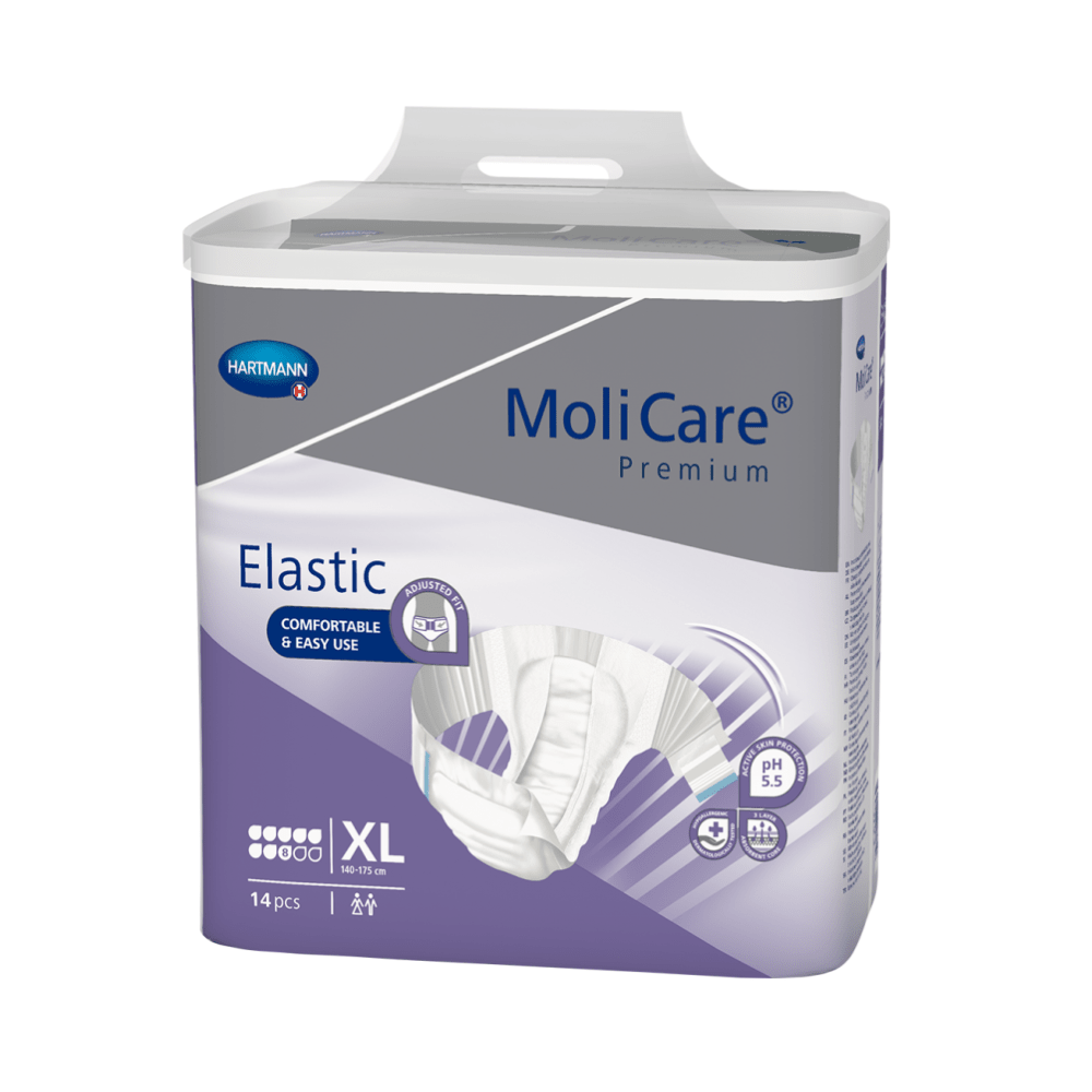 Μια συσκευασία ενηλίκων πάνες Paul Hartmann AG Hartmann MoliCare® Premium Elastic, μέγεθος XL με 14 τεμάχια, με λευκή και μοβ επωνυμία για σοβαρή ακράτεια ούρων και κοπράνων