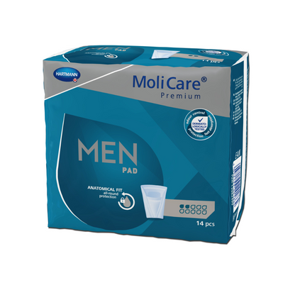 Μια μπλε συσκευασία με Hartmann MoliCare® Premium MEN PAD Einlage - 14 τεμάχια, με ανατομική εφαρμογή για βέλτιστη προστασία. Στη συσκευασία υπάρχουν επίσης σύμβολα που υποδεικνύουν χαρακτηριστικά προϊόντος.