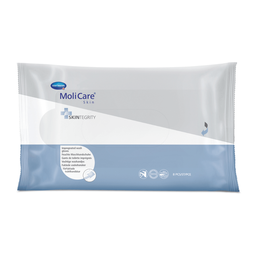 Μια συσκευασία Hartmann MoliCare® Skin Feuchte Waschhandschuhe με την επιγραφή «Skintegrity». Η συσκευασία είναι κυρίως μπλε και άσπρη και τονίζει χαρακτηριστικά όπως το ολόσωμο καθαριστικό.