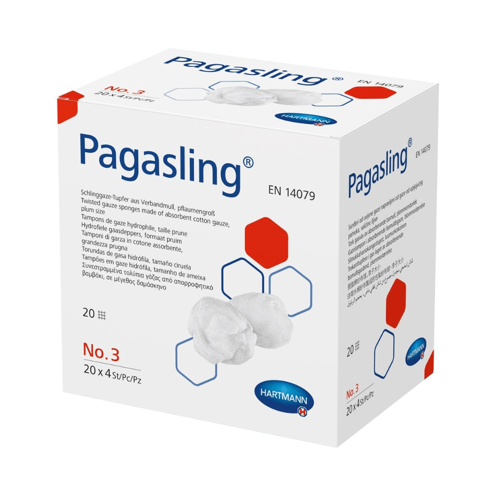 Ένα κουτί με επιθέματα Hartmann Pagasling® Schlinggazetupfer, σε λευκό-μπλε σχεδιασμό με πληροφορίες προϊόντος και απεικονίσεις από γάζες σύμφωνα με το πρότυπο Verbandmull EN 14079. Η συσκευασία