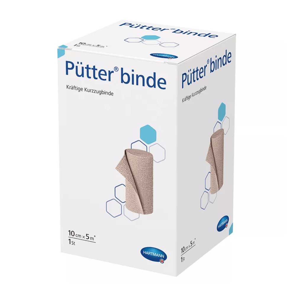 Ένα κουτί με επιδέσμους Kurzzugbinden της μάρκας Hartmann Pütter-Verband® με εικόνες του επιδέσμου και εξάγωνες γραφικές απεικονίσεις, κυρίως σε λευκά και μπλε χρώματα. Το κείμενο τονίζει το μέγεθος του προϊόντος.
