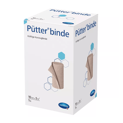 Ένα κουτί με επιδέσμους Kurzzugbinden της μάρκας Hartmann Pütter-Verband® με εικόνες του επιδέσμου και εξάγωνες γραφικές απεικονίσεις, κυρίως σε λευκά και μπλε χρώματα. Το κείμενο τονίζει το μέγεθος του προϊόντος.