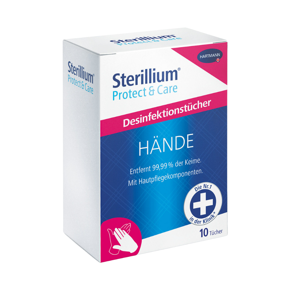 Ένα ορθογώνιο κουτί Hartmann Sterillium® Protect & Care μαντηλάκια απολύμανσης χεριών (10 μαντηλάκια) της Paul Hartmann AG σε μπλε, ροζ και λευκό με γερμανικό κείμενο· αφαιρεί βακτήρια και προσφέρει ελεγμένη ανεκτικότητα στο δέρμα.