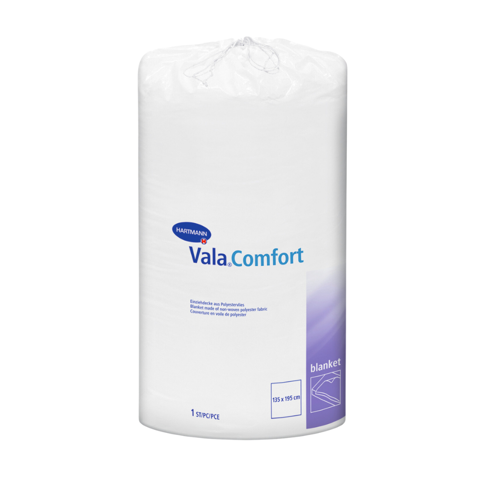 Ένας σφραγισμένος λευκός ρόλος Hartmann Vala®Comfort Einziehdecken της Paul Hartmann AG, απεικονισμένος σε λευκό φόντο. Η ετικέτα δείχνει λεπτομέρειες προϊόντος και διαστάσεις (155 x 210 cm).