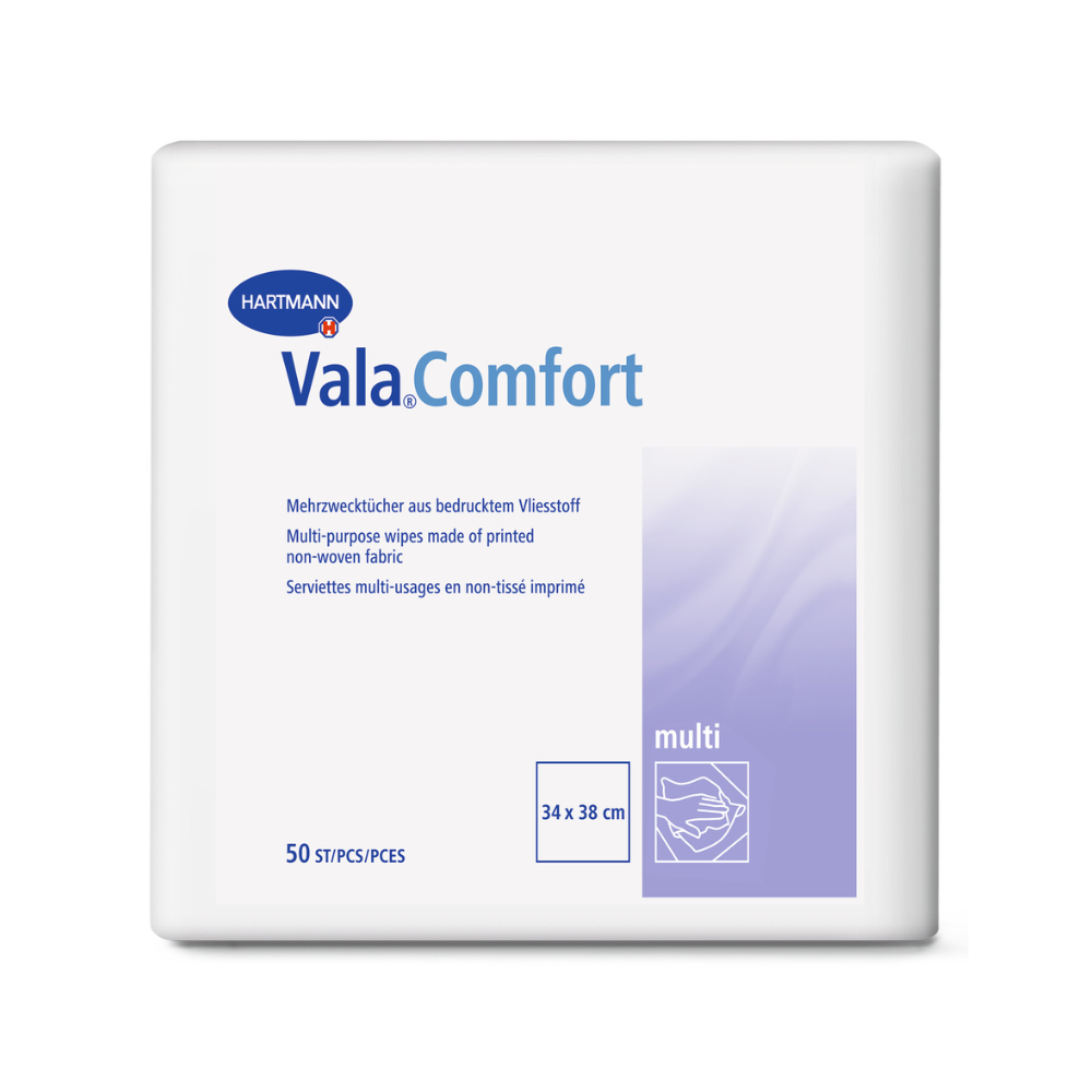Eine weiße Packung mit der Aufschrift "Auslaufartikel: Hartmann Vala® Comfort multi" der Paul Hartmann AG enthält 50 bedruckte Einweg-Vliesstoff-Mehrzwecktücher (34 x 38 cm) mit Produktinformationen in deutscher und englischer Sprache für eine komfortable Hygiene.