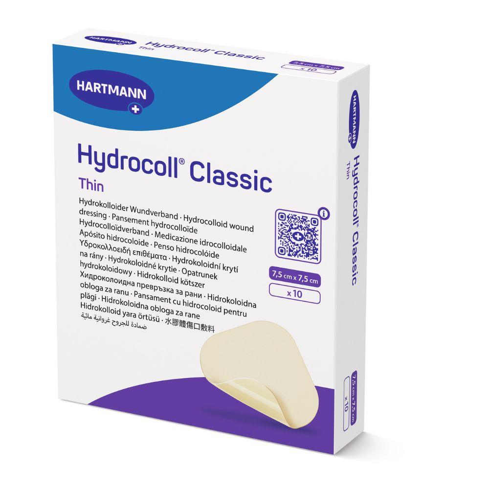 Ένα κουτί Hydrocoll® Classic Thin αποστειρωμένα επιθέματα πληγών της Paul Hartmann AG, 7,5 x 7,5 cm, 10 τεμάχια ανά κουτί, σφραγισμένα ξεχωριστά. Λευκή-μπλε συσκευασία με πολυγλωσσικό κείμενο.