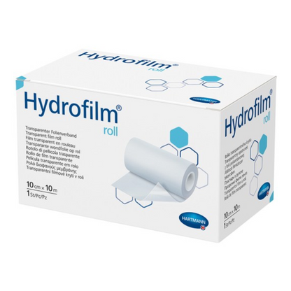 Μια εικόνα προϊόντος ενός κουτιού με την Hartmann Hydrofilm®-Rolle της Paul Hartmann AG, μια διαφανής κολλητική ταινία φιλμ, με λεπτομέρειες συσκευασίας και εικόνες της ρολό ταινίας και σύμβολα χρήσης.