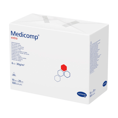 Ένα κουτί Hartmann Medicomp® extra μη αποστειρωμένη γάζα - 100 τεμάχια της Paul Hartmann AG, με κείμενο και λογότυπα κυρίως σε μπλε και κόκκινο σε λευκό φόντο. Στο κουτί αναφέρονται μεγέθη και ποσότητες.