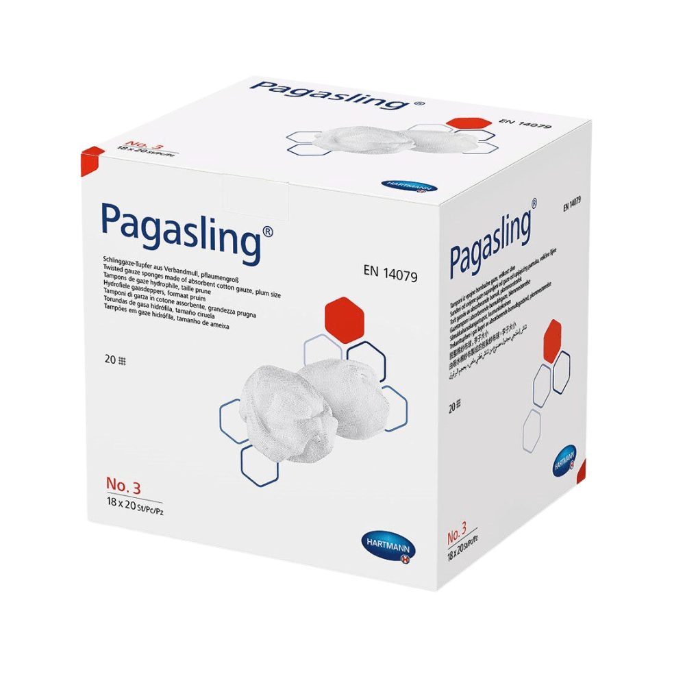 Ένα κουτί με επιθέματα Hartmann Pagasling® Schlinggazetupfer της Paul Hartmann AG, με σήμανση "Verbandmull EN 14079", που δείχνει το προϊόν με ορατά απορροφητικά μαξιλάρια. Η συσκευασία περιέχει οδηγίες χρήσης και γραφικά.