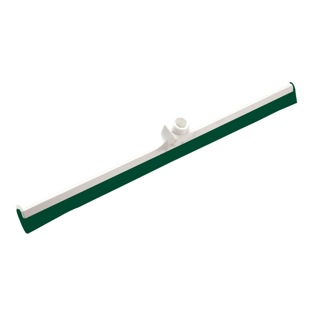 Der Wasserschieber von Haug Bürsten KG ist in Weiß gehalten und mit einer dunkelgrünen Lebensmittelgummi-Klinge ausgestattet. Er ist für die Bodenreinigung konzipiert. Der Kopf dieses Werkzeugs ist abgewinkelt und verfügt über einen zentralen Griffbefestigungspunkt. Sein geradliniges Design konzentriert sich auf das effiziente Schieben von Wasser oder Reinigungslösungen unter Einhaltung der HACCP-Hygienestandards.