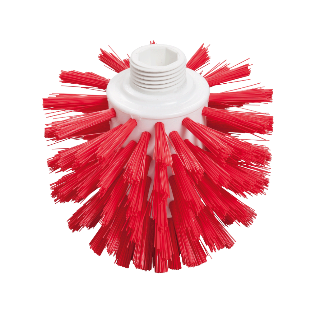 Μια κόκκινη Wolfbürste από Haug Bürsten KG σε υγιεινό σχεδιασμό χαρακτηρίζεται από πυκνές, σκληρές τρίχες που προεξέχουν από μια λευκή πλαστική βάση. Η βάση διαθέτει άνοιγμα με σπείρωμα για σύνδεση με εργαλείο καθαρισμού και είναι επομένως ιδανική για περιβάλλοντα ασφαλή για τρόφιμα.