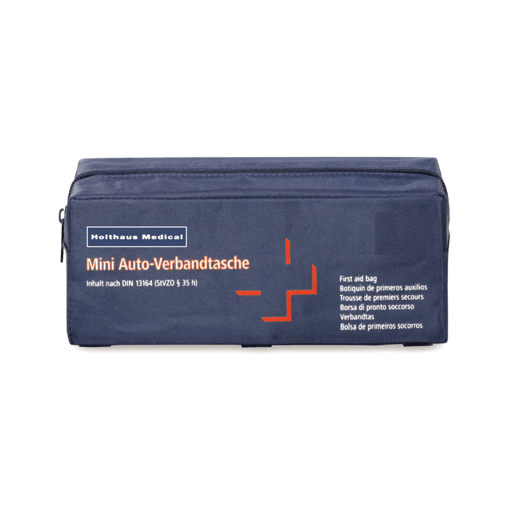 Η Holthaus Medical Mini-Verbandtasche Auto, που κατασκευάζεται από την Holthaus Medical GmbH & Co. KG, είναι μια μπλε τσάντα πρώτων βοηθειών που πληροί τα πρότυπα DIN 13164. Είναι ορθογώνια, με φερμουάρ και διαθέτει ετικέτες στα Γερμανικά, Αγγλικά, Γαλλικά και Ισπανικά. Η ορατή ετικέτα περιλαμβάνει «Mini Auto-Verbandtasche» και «Erste-Hilfe-Tasche» και είναι ιδανική για όλες τις αυτοκινητιστικές έκτακτες ανάγκες.