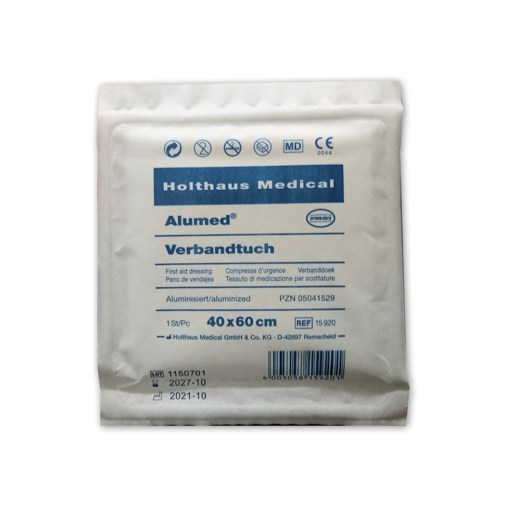 Το Holthaus Alumed® Verbandtuch της Holthaus Medical GmbH & Co. KG είναι ένας αποστειρωμένος επίδεσμος με την επιγραφή „Επικαλυμμένος με αλουμίνιο“, που μετρά 40x60 cm και περιέχει ένα κομμάτι. Η ημερομηνία λήξης είναι Οκτώβριος 2027.