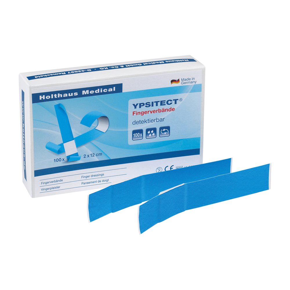 Εμφανίζεται ένα κουτί Holthaus YPSITECT® Fingerverband, ανθεκτικό στο νερό/ανιχνεύσιμο από την Holthaus Medical GmbH & Co. KG, όπου οι πληροφορίες του προϊόντος είναι εμφανώς τοποθετημένες. Το κουτί περιέχει 100 μπλε επιθέματα με διαστάσεις 2 cm x 12 cm. Δύο μεμονωμένα επιθέματα είναι τοποθετημένα μπροστά για καλύτερη ορατότητα.