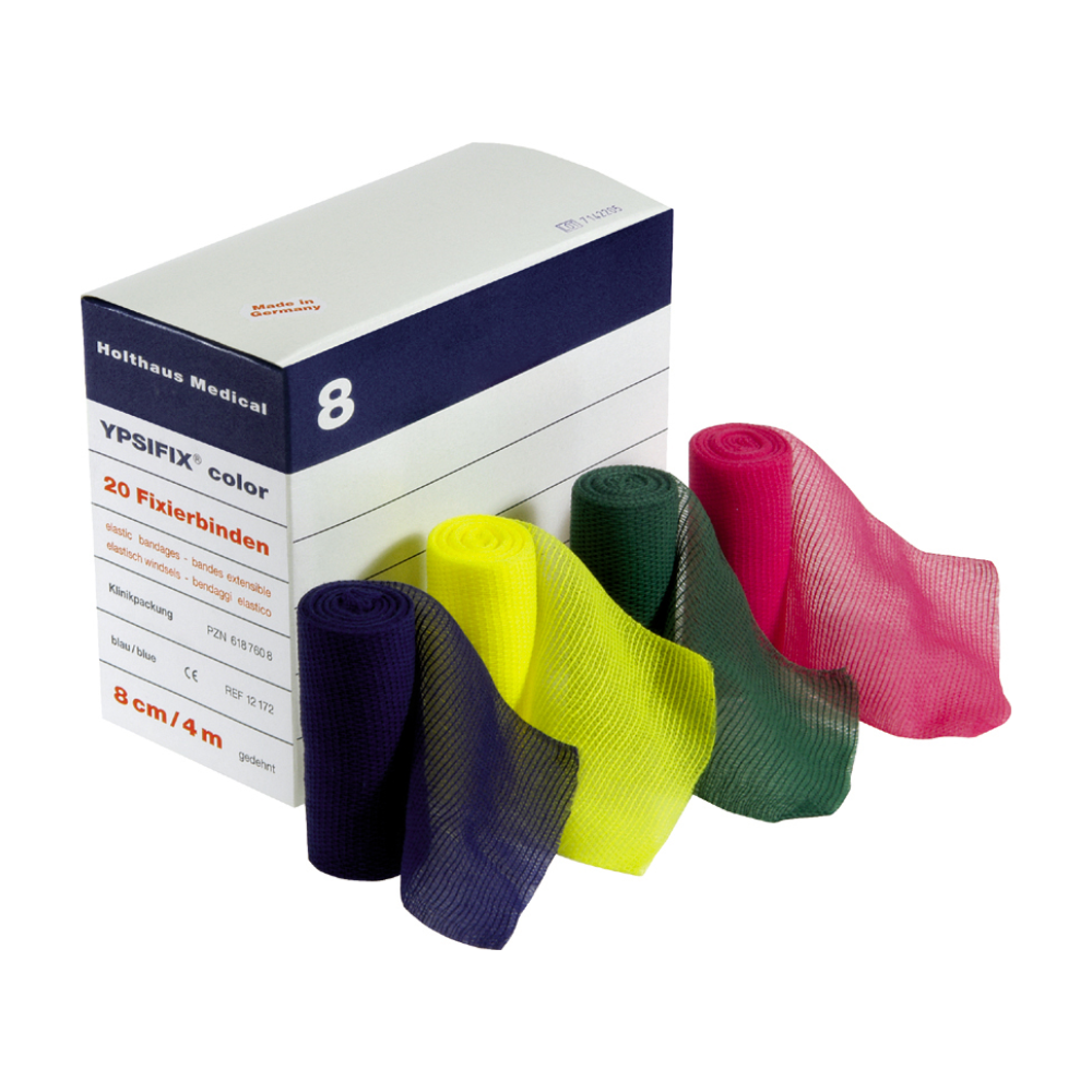 Απεικονίζεται ένα κουτί Holthaus Ypsifix® color Fixierbinde από την Holthaus Medical GmbH & Co. KG, στο μπροστινό μέρος του οποίου απεικονίζονται πέντε ελαστικοί επίδεσμοι σε διαφορετικά χρώματα (μοβ, κίτρινο, πράσινο, κόκκινο και μπλε). Το κουτί περιέχει 20 επιδέσμους (Holthaus Ypsifix® color Fixierbinde, μπλε) με διαστάσεις 8 cm x 4 m.